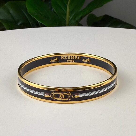 💎✨Authentic Hermes Enamel Printed Rope Chain Link Narrow Bangle 65 Black - Picture 1 of 3